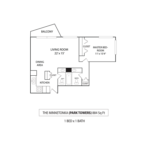 Floor plan for 1 bed, 1 bath, 884 sqft